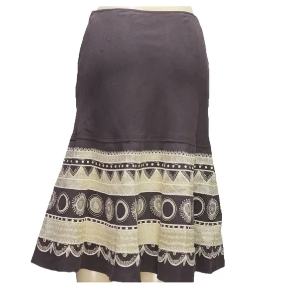 VTG Jones NY‎ Sz 12 Chocolate Brown Lace Linen Embroidered Silk Flare Skirt Boho - Picture 2 of 9